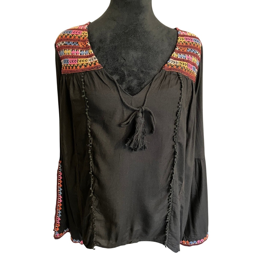 Billabong Split collar embroidered peasant top tunic black size small
